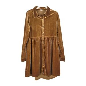 Jodifl velour Gold Mustard Babydoll dress Tunic collared button up Small Long Sl